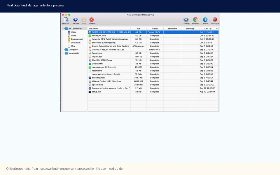 Neat Download Manager interface screenshot showing the desktop download manager window